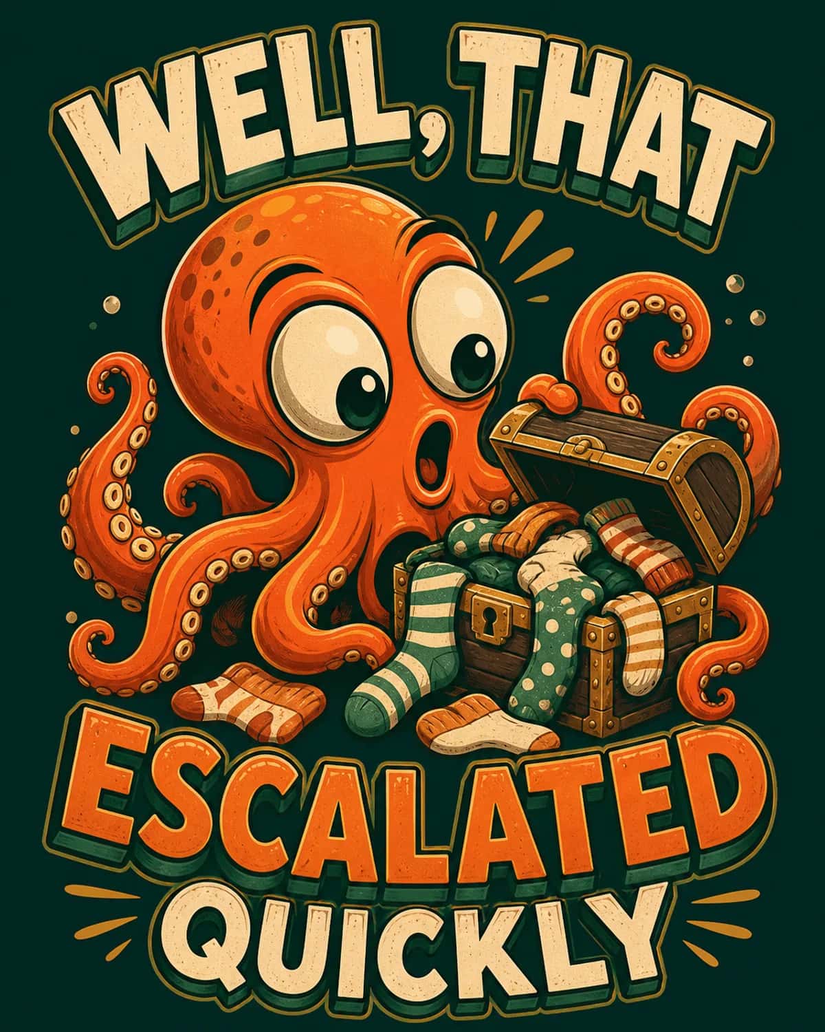 Expressive octopus character holding mismatched socks