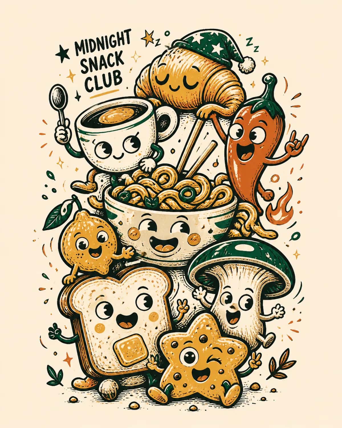 Retro midnight snack characters in a colorful POD composition