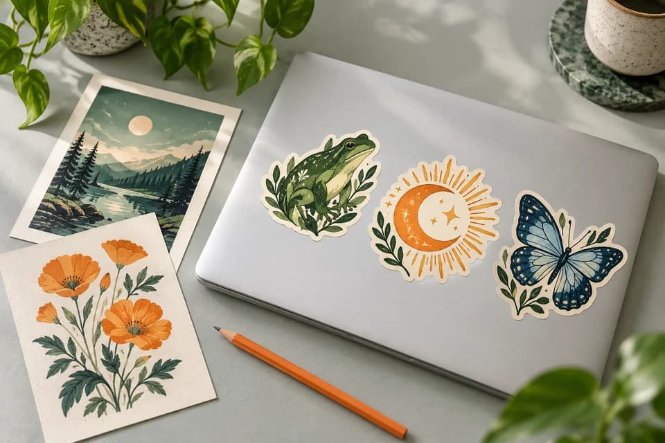 Original frog, sun and butterfly stickers on a silver laptop