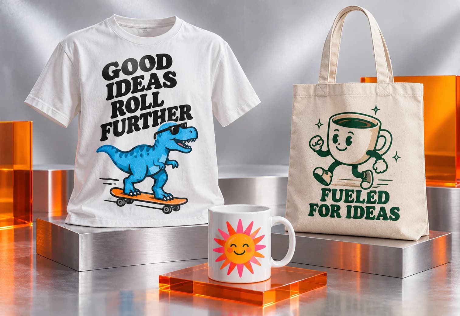 Original dinosaur T-shirt, espresso tote bag and smiling sun mug on silver display blocks