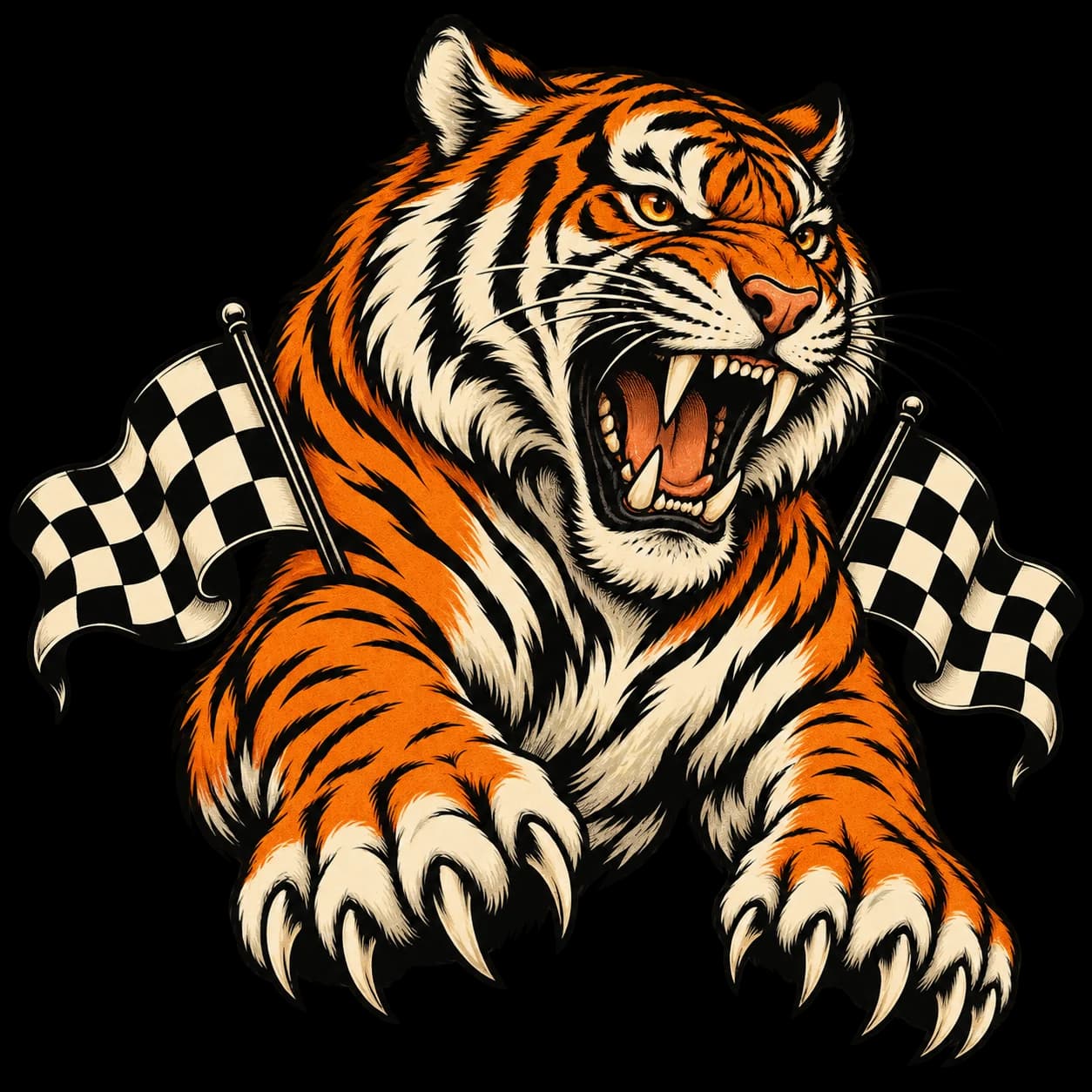 Original orange and black racing tiger illustration, an example of flat-color artwork for a halftone treatment