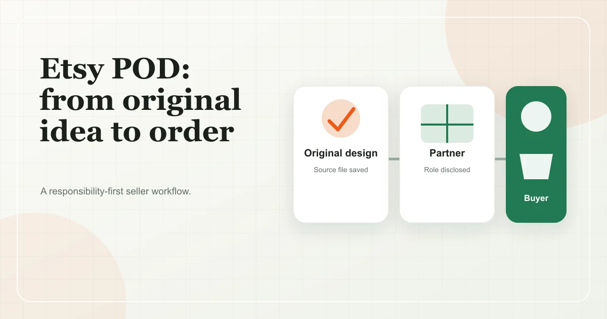 Design document connected to a production card and a green package for the buyer