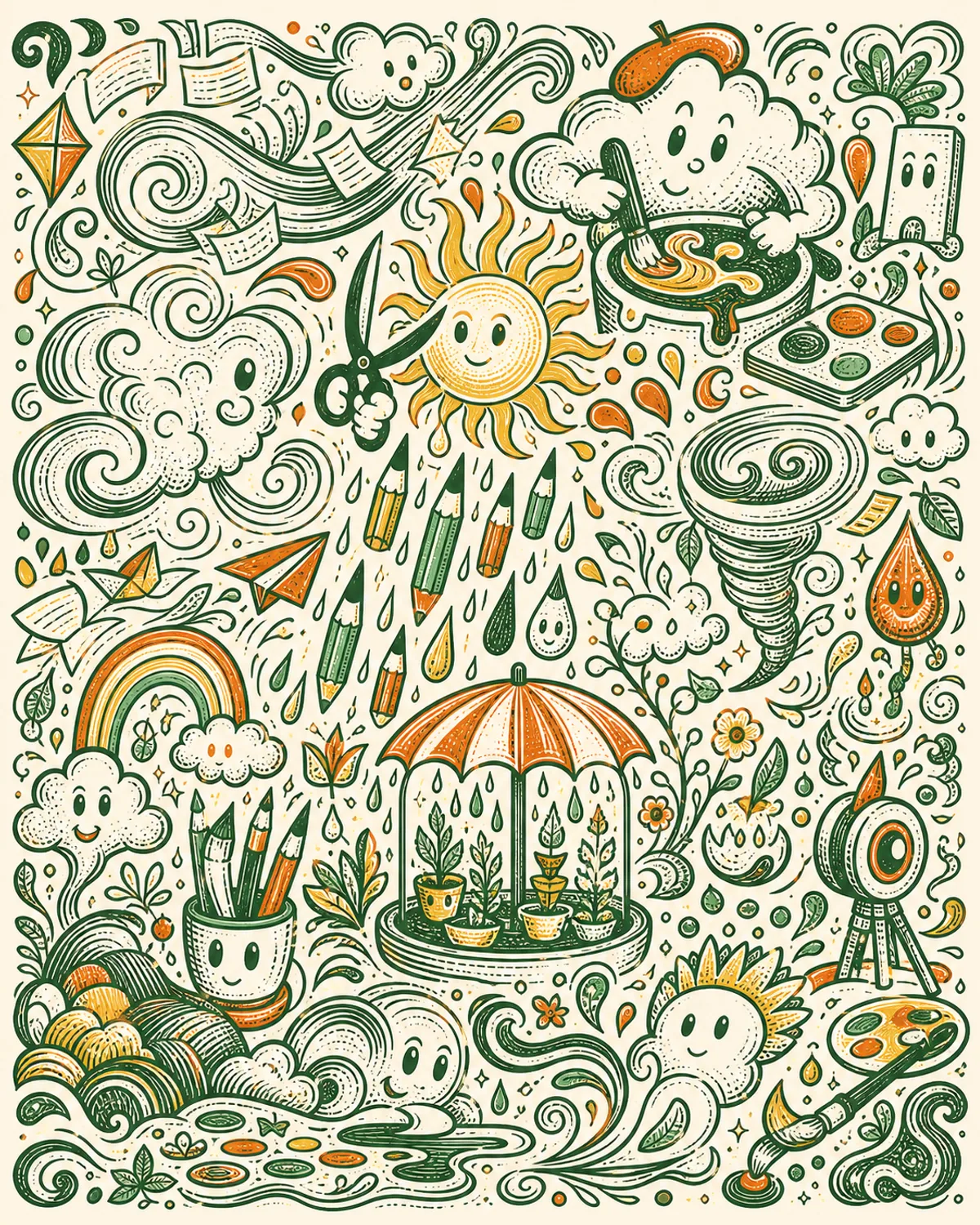 Dense creative doodle pattern with weather-inspired motifs