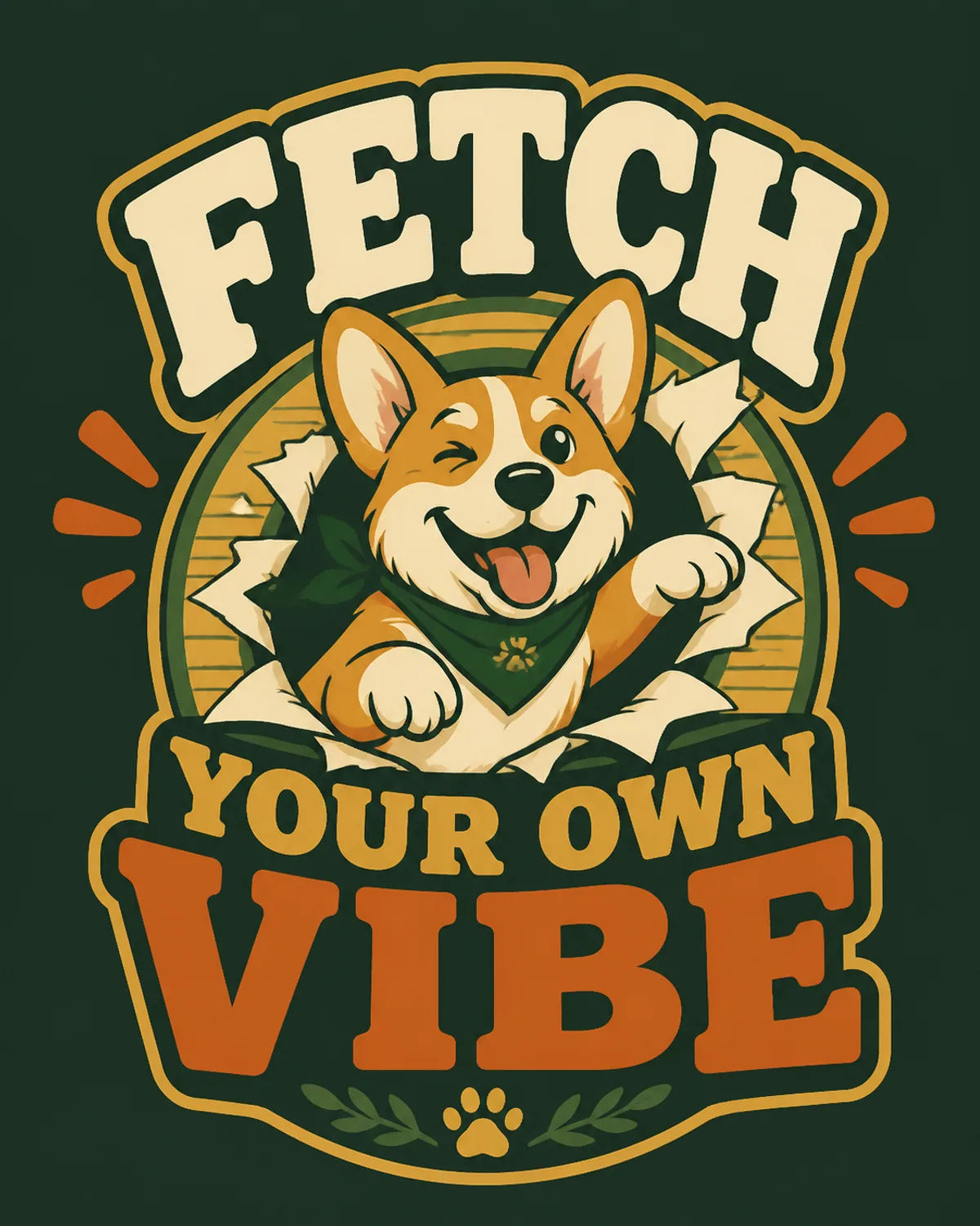 Playful corgi character with warm retro lettering