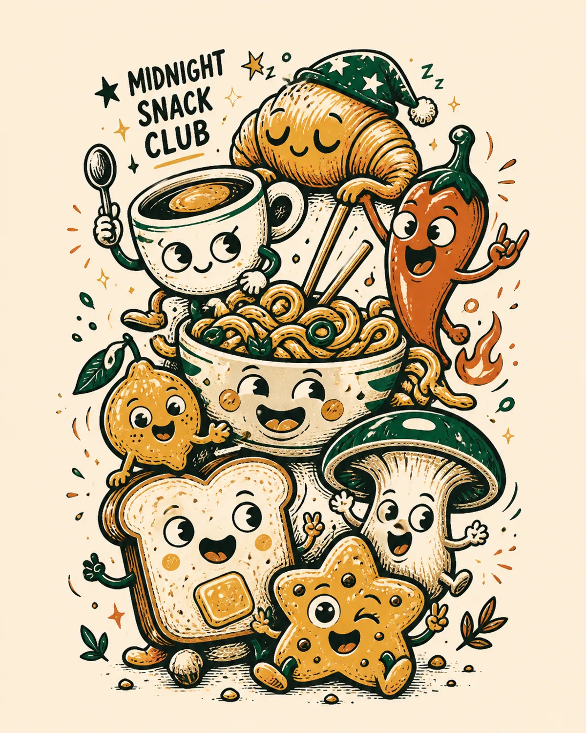 Retro midnight snack characters in a colorful POD composition