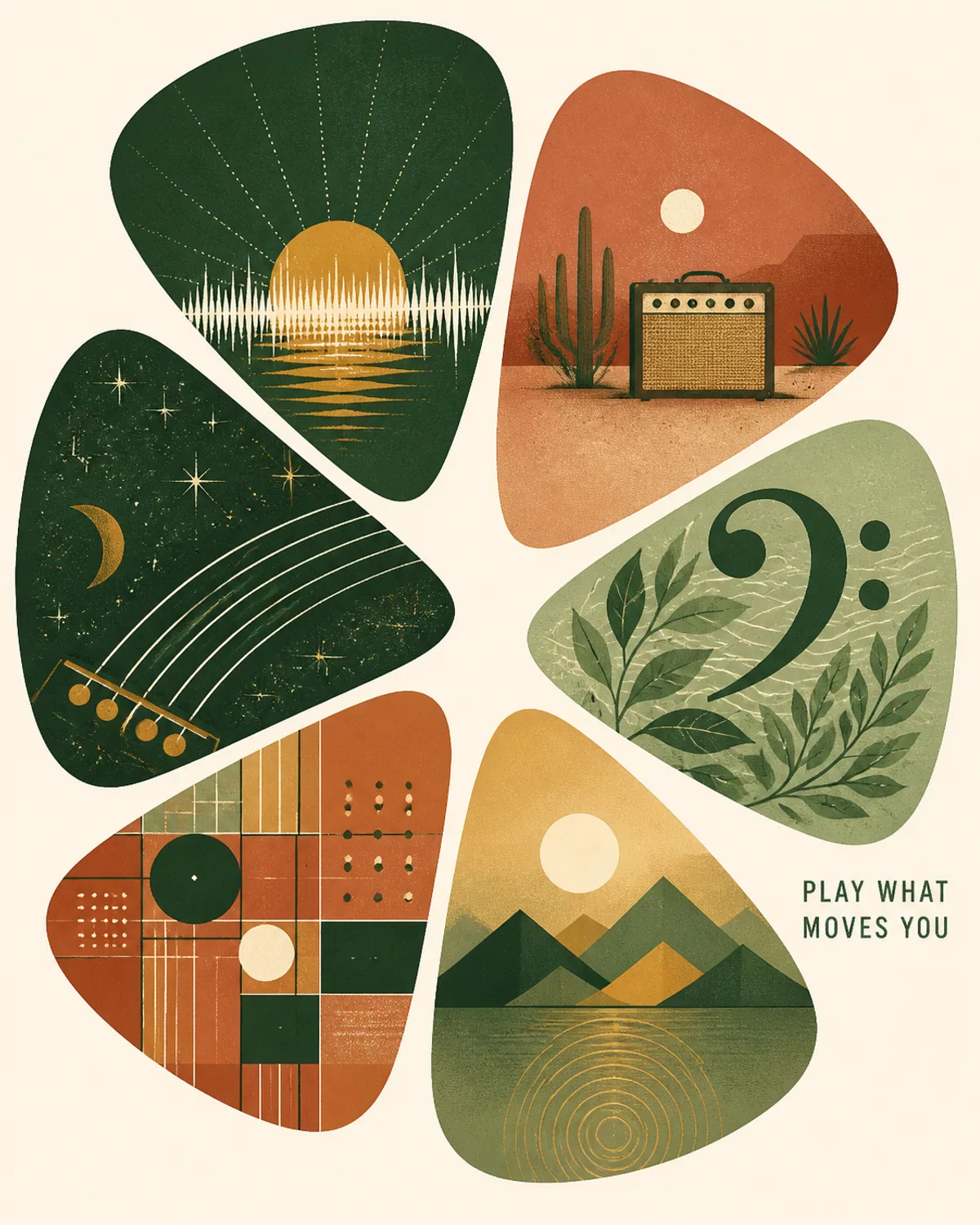 Collection of colorful illustrated guitar picks
